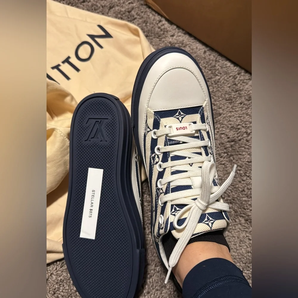 Louis Vuitton Navy White Striped Platform Sneakers With Red On The Back